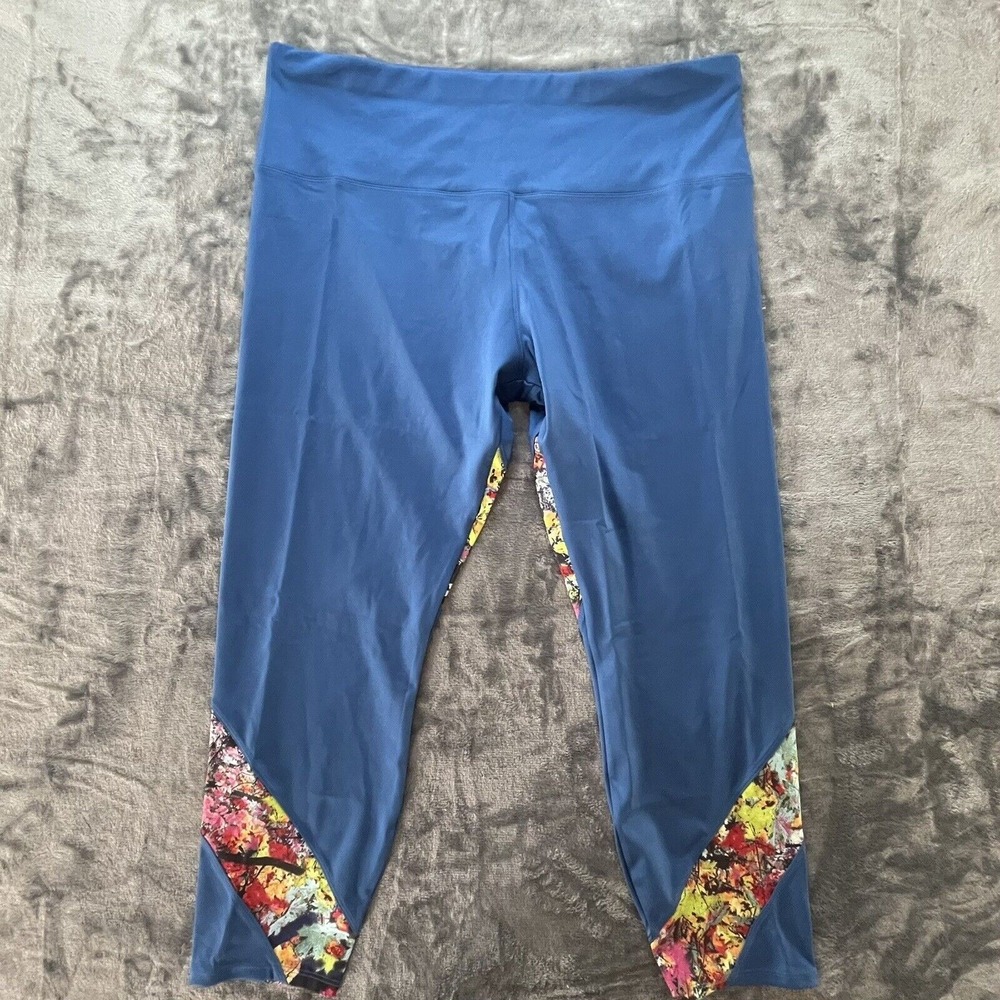 Soulgani Leggings Womens Extra Large Petite Blue Floral Cropped Athleisure Yoga